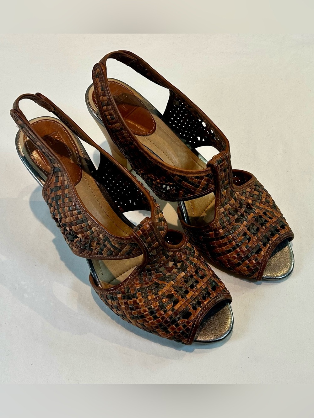 Frye Two-Tone Brown Woven Leather Slingback Sandals